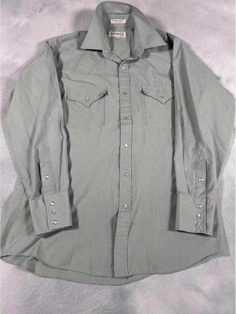 Vintage Sheplers Western Pearl Snap Shirt Sage Green Mens 15.5, 33 Medium